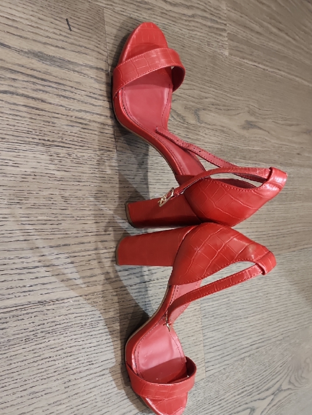 Delicious Red Croc-Embossed Block Heel Sandals - Picture 5 of 8